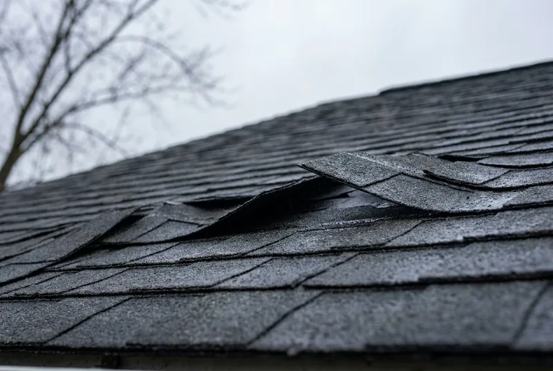 Asphalt shingles lifted and creased along a roof slope under a grey sky after high wind.
